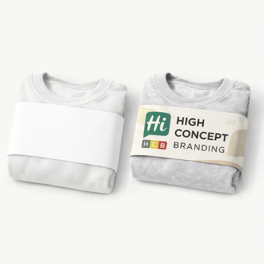 Folded grey sweatshirts wrapped in paper belly bands- one plain and one with brand logos- class=